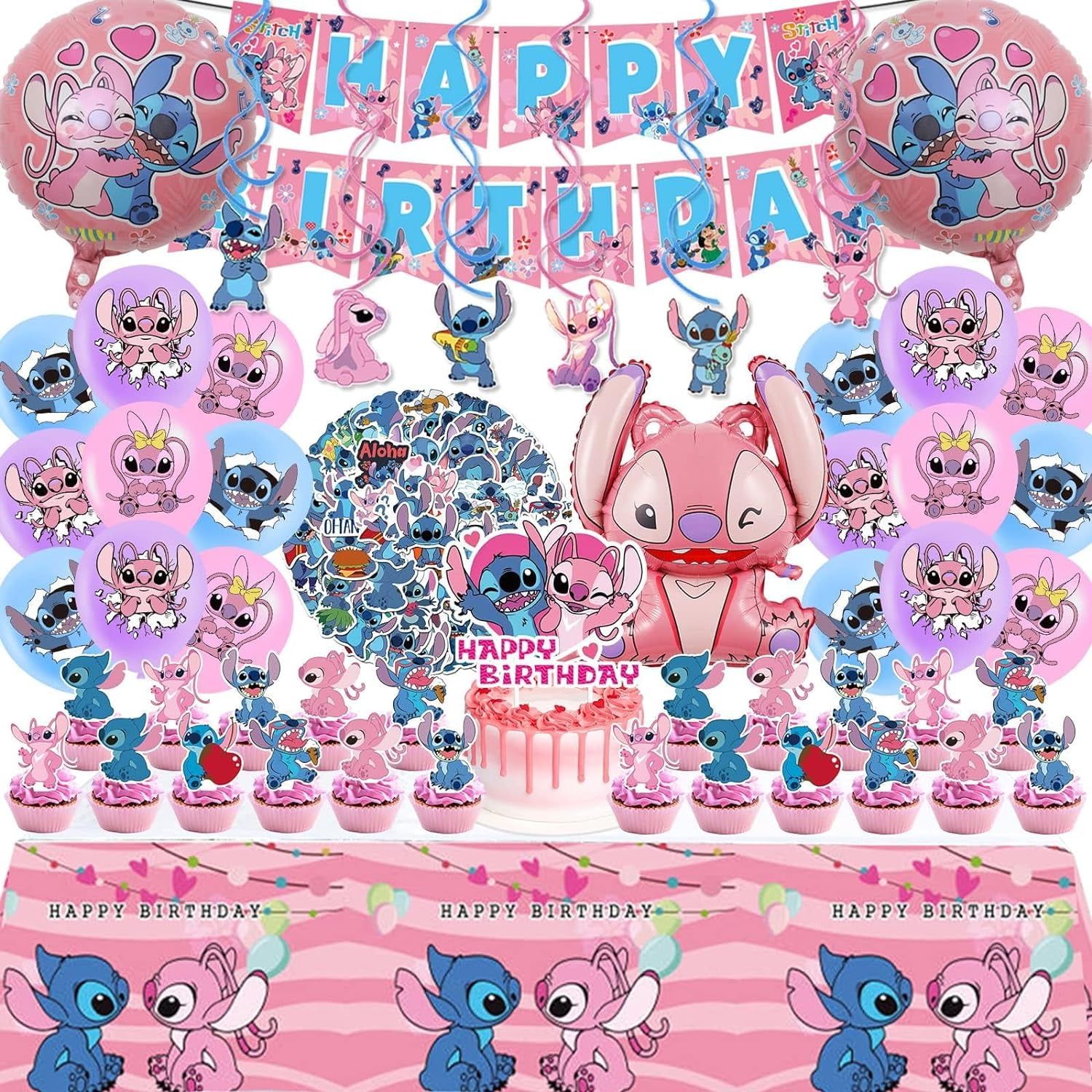 Stitch Party Supplies Birthday Decorations Set Include Banner, Balloons, Stickers, Hanging Swirls, Cake Cupcake Toppers, Tablecloth for Girls Pink Stitch Theme Party