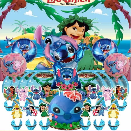 Stitch Party Supplies Decor Tableware Backdrop Banner Cake Topper Balloons Birthday Decorations