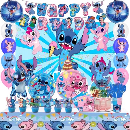 Cartoon Birthday Party Supplies, Cartoon Birthday Decorations & Cartoon Party Tableware Set - Cartoon Balloons Banner Backdrop & Blue Cartoon Plates Cups Napkins etc Cartoon Birthday Decorations