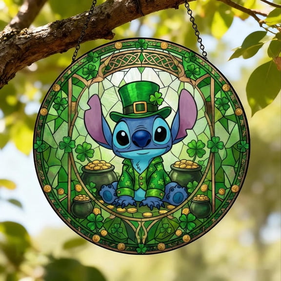 Stitch Patrick Day Glass Suncatcher, Disney Window Decor St. Patrick’s Day Home, 7.9 in