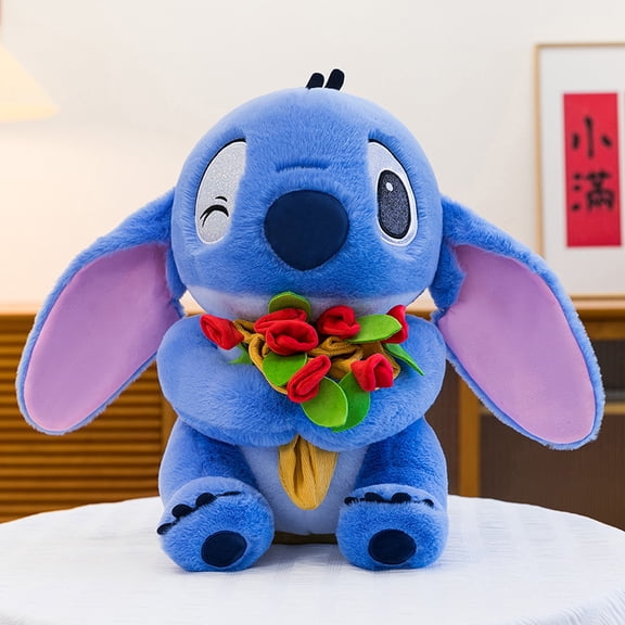 Stitch Plush Toy with Red Rose Bouquet,Cute Stuffed Animals for Valentine's Anniversary Gift for Fans Collectors