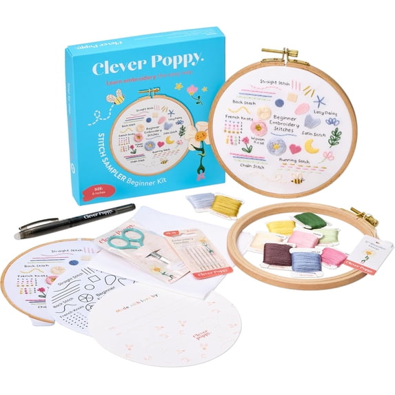 Stitch Sampler Beginner Embroidery Kit – Easy Embroidery Kit for Beginners with Hoop, Thread & Patterns – Hand Embroidery Kit for Adults and Teens – Complete Embroidery Starter Kit