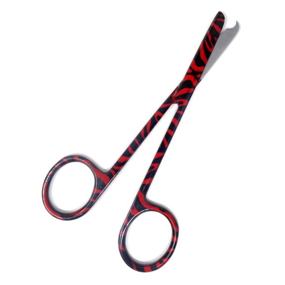 Stitch Scissors 4.5" with One Hook Blade, Stainless Steel, Red Zebra Pattern