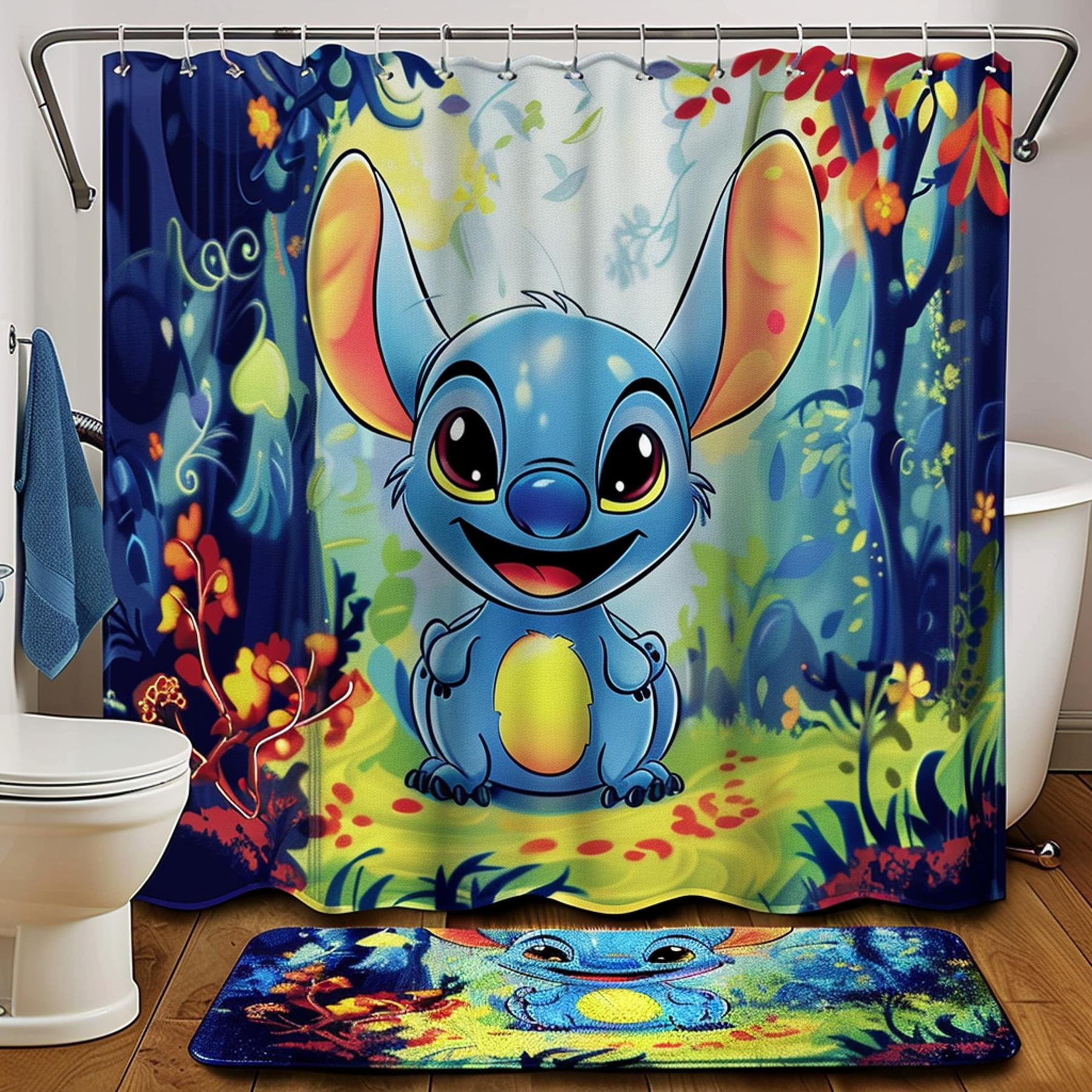 & Stitch Shower Curtain Set Smiling Stitch Character Baby Blue & Yellow