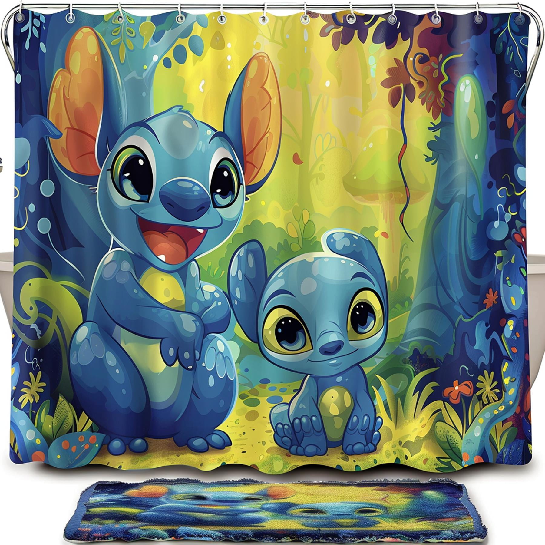 & Stitch Shower Curtain Smiling Stitch Character with Cute Blue and