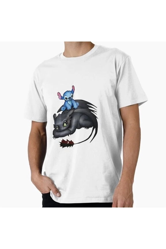 Stitch Sitting On Toothless T-Shirt S-5XL