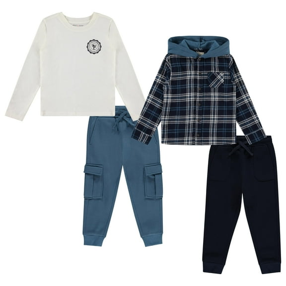STITCH & STONE Boys 4‑Pack Wardrobe Set – Hoodie, Graphic Tee & 2 Joggers – Soft Cotton Fleece, Sizes 4–14
