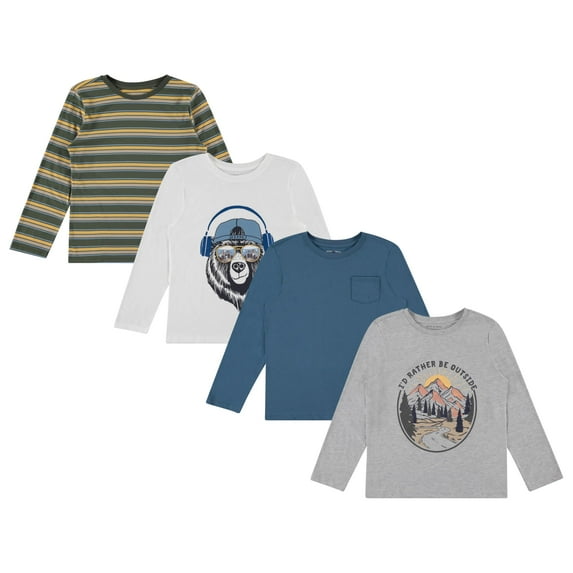 Stitch & Stone Boys 4-Pack Long Sleeve Graphic Tops, Stylish and Comfortable Tees for Kids - Hgrey, Sizes 7/8