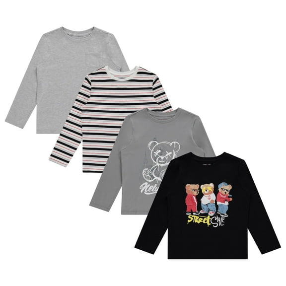 Stitch & Stone Boys 4-Pack Long Sleeve Graphic Tops, Stylish and Comfortable Tees for Kids - Jetbk, Sizes 4/5