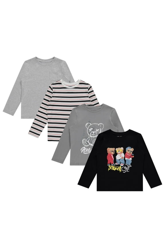 Boys 4-Pack Long Sleeve Graphic Tops, Stylish and Comfortable Tees for Kids - Jetbk, Sizes 7/8