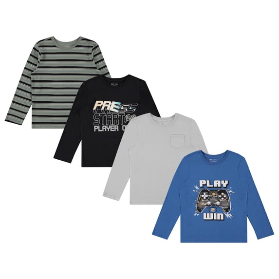 Stitch & Stone Boys 4-Pack Long Sleeve Graphic Tops, Stylish and Comfortable Tees for Kids - Rock, Size 14