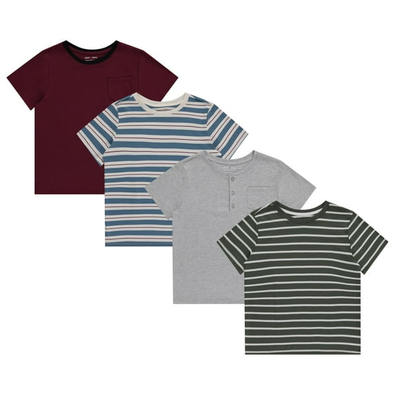Stitch & Stone Boys 4pk Short Sleeve Plain and Striped Tees - Comfort Fit and Assorted Designs - Burg, Size 14