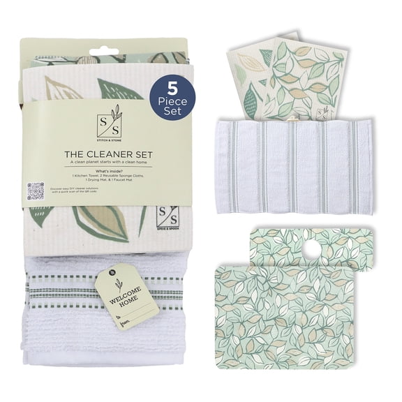 Stitch & Stone Cleaner Set - Kitchen Towel, 2 Mats for Drying and Sink, 2 Reusable Dishcloths - Leafy Green