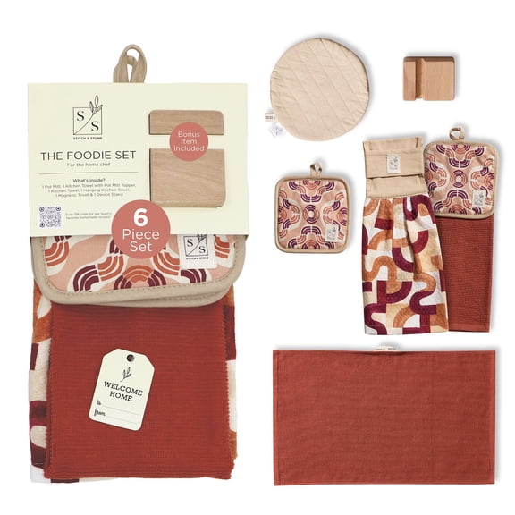 Stitch & Stone Foodie Set - Kitchen Towel, Pot Holder & Towel Combo, Magnetic Trivet, Mobile Phone Stand - Red