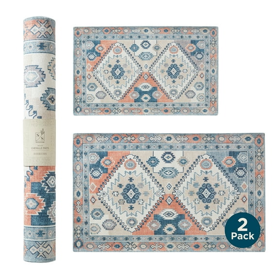 Stitch & Stone Polyester Chenille Kitchen Mat - 2 Pack 18"x30" & 24"x40" Diamond Distressed