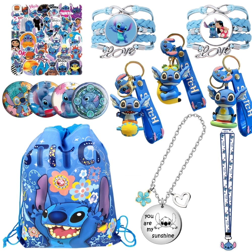 Stitch Merchandise Gift Set for Girls Cute Anime Accessories Including Drawstring Bag, Stickers, Lanyard, Necklace, Bracelet, Keychain, and Button Pins Perfect for Fans and Gifts