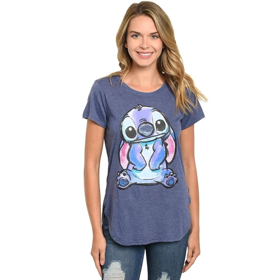 Juniors Disney Stitch T-Shirt Short Sleeve Hi-Low Heather Blue (Size Small)