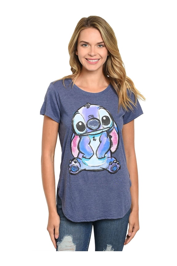 Juniors Disney Stitch T-Shirt Short Sleeve Hi-Low Heather Blue (Size Small)