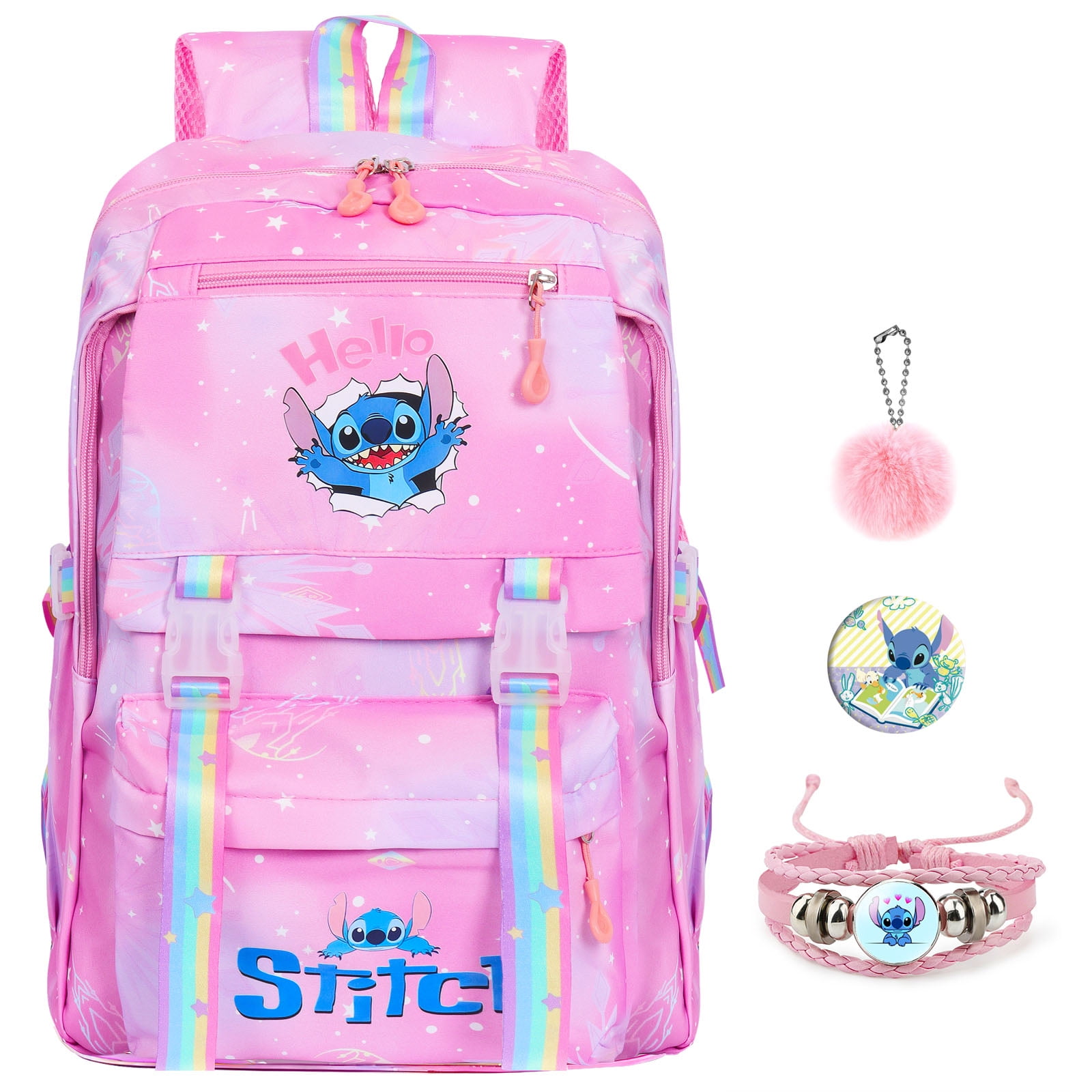 Stitch Themed Backpack, Casual Shoulder Bag, Cute Student School Bag, Free Charm, Hand Strap, Badge. Great texture, student back to school, gift.