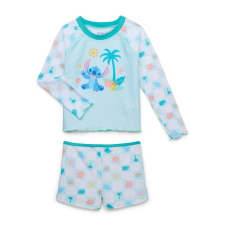 Stitch Character Toddler Girl Long-Sleeve Rash Guard and Swim Short Set, 2-Piece, Sizes 12M-5T