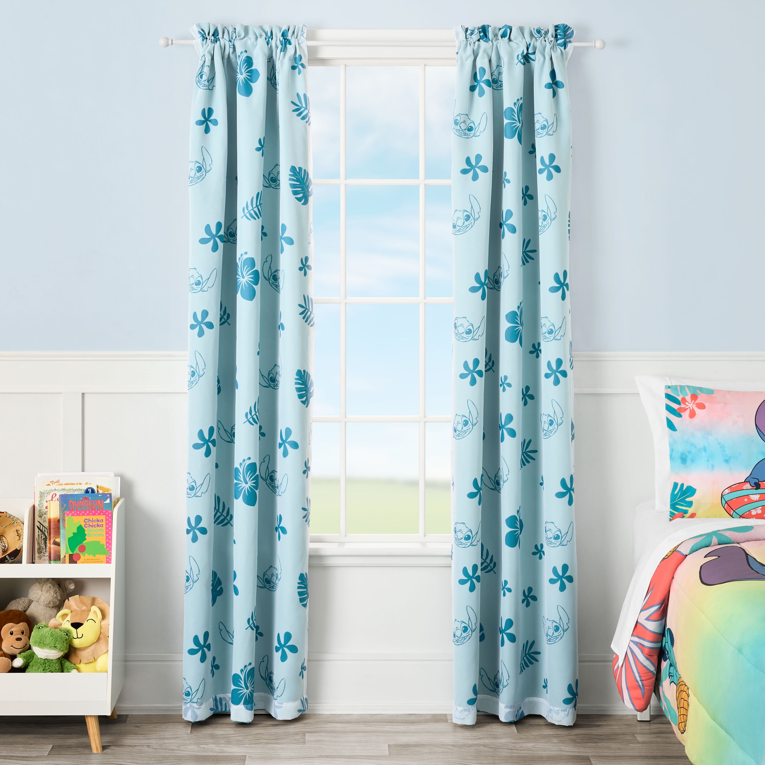 Stitch Tropical Kids Sheer and Blackout Drape, 38" x 84", Blue, Disney, Age 3+