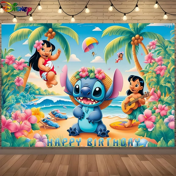 Stitch Tropical birthday background - High-quality polyester party decoration banners, palm trees, umbrellas and flowers, Mother's Day, Easter, Thanksgiving, New Year and versatile celebration gifts
