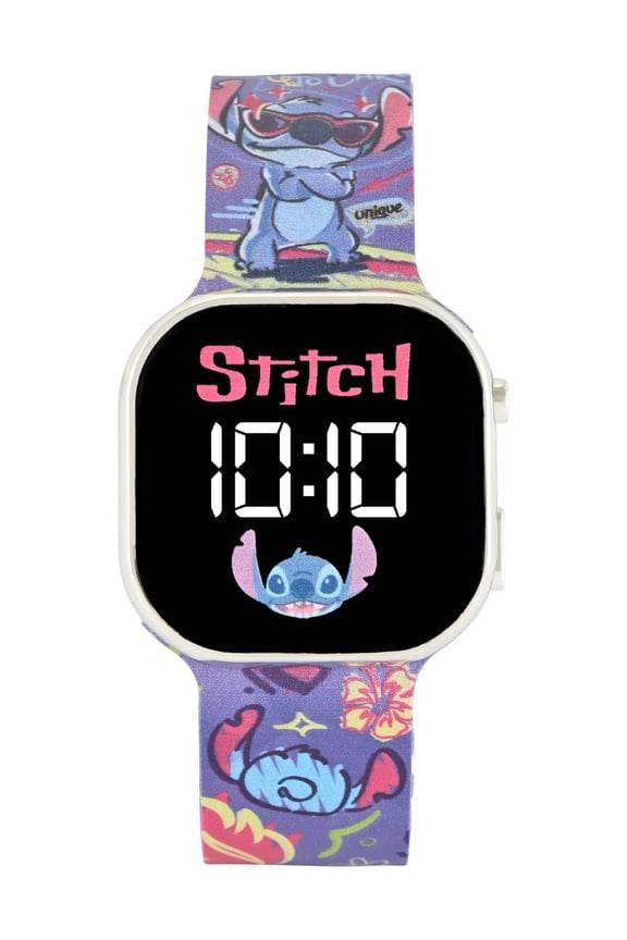 Stitch Unisex Childrens LED Watch With Square Caseand Printed Silicone Strap; LAS4207WM