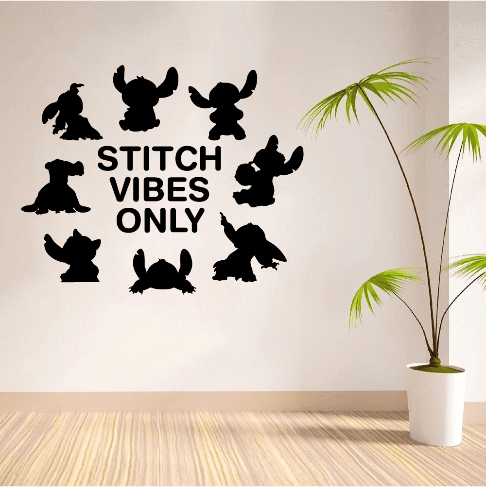 Stitch Vibes Only Quote Cute Stitch Silhouette Lilo And Stitch Diensey Movie Silhouette Disney Wall Sticker Vinyl Decal Home Decor Room Living Room Bedroom Decoration Sticker Decal Size (18x20 inch)