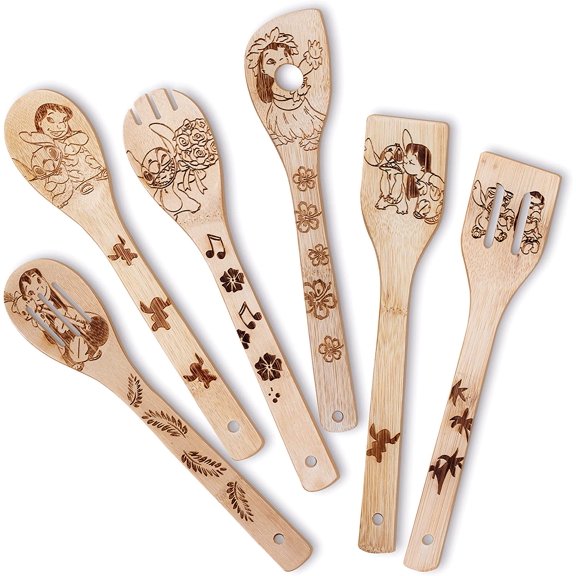 Stitch Wooden Cooking Utensils Set, 6-Piece Wooden Spoons and Spatulas for Cooking, Cartoon Style Kitchen Decor, Heat Resistant Tools for Nonstick Cookware, Housewarming Gift for Men and Women