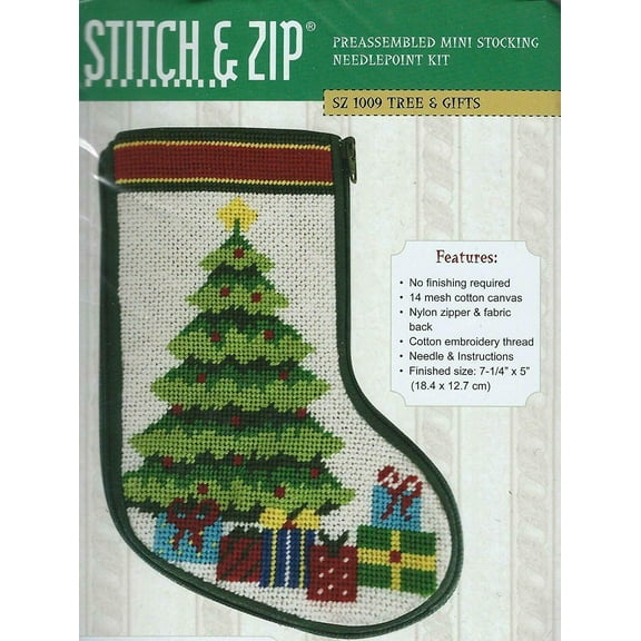 Stitch & Zip Christmas Tree & Presents Mini Stocking Needlepoint Kit