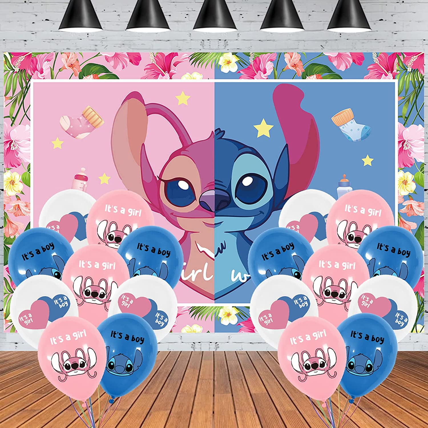 Stitch and Angel Gender Reveal Party Decorations, Birthday Backdrop Banner 7x5ft
