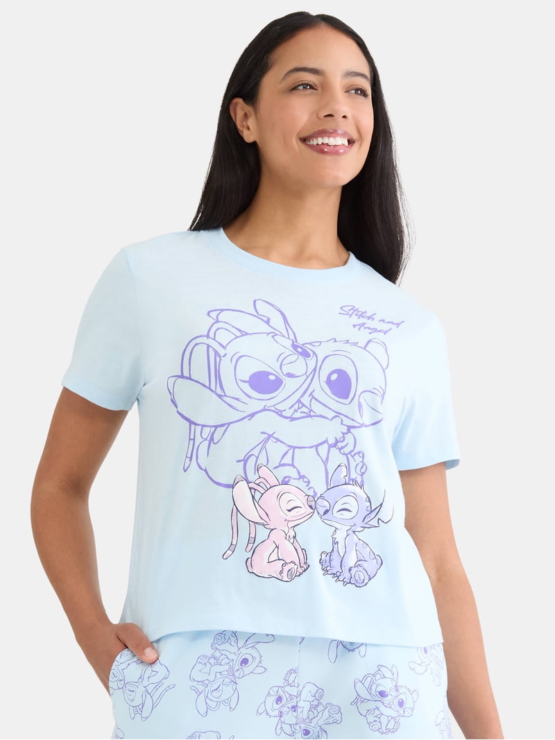 g'morning Handwritten stitch Tee Mサイズ Stitch and Angel Women's Graphic Tee and Shorts Set, 2-Piece