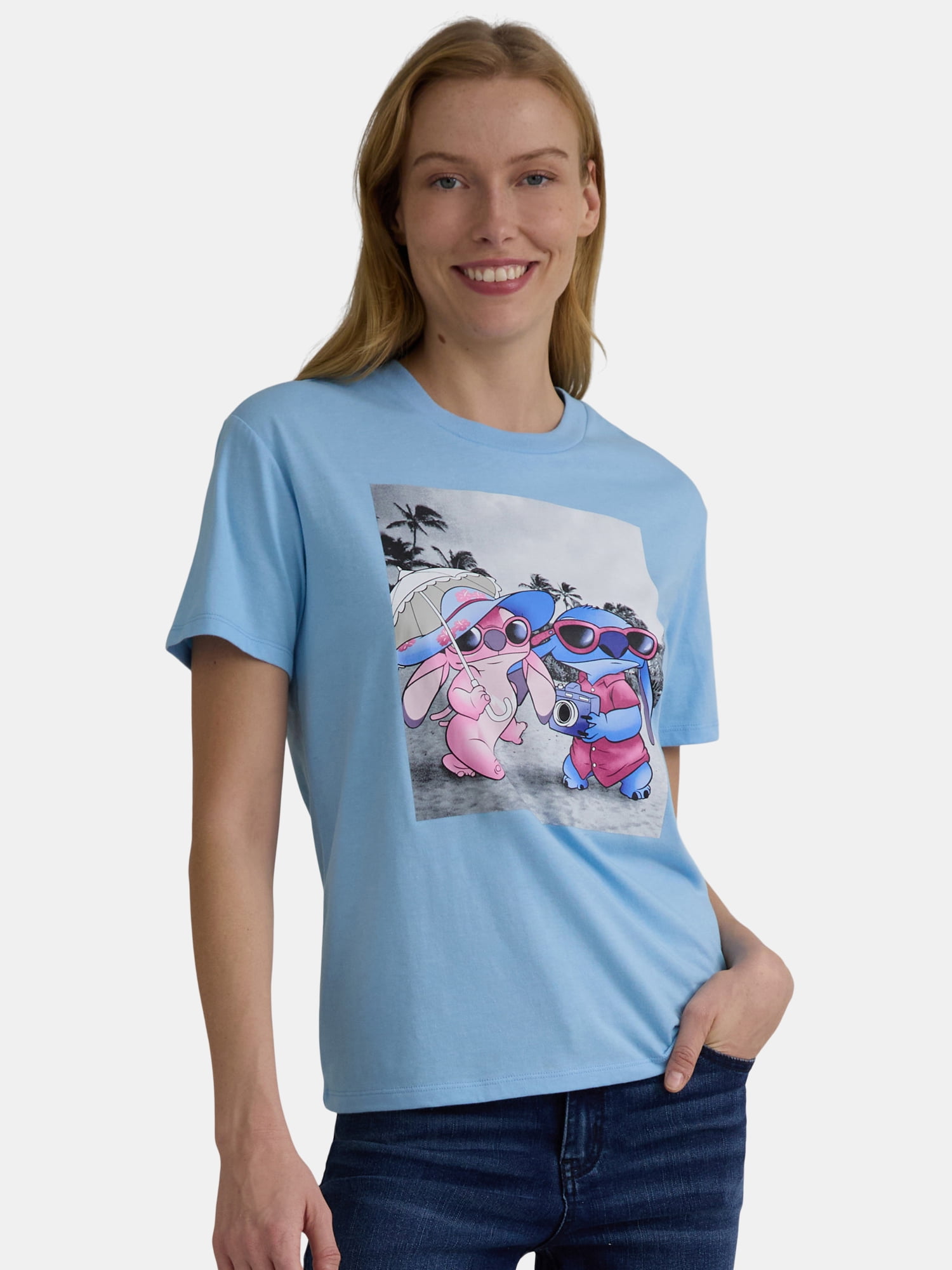 Stitch and Angel Women's Graphic Tee with Short Sleeves, Women's and Women's Plus