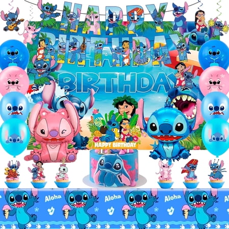 Stitch birthday party supplies - Stitch party decorations include Stitch balloons, Stitch foil balloons, banners, cupcake decorations, Stitch backdrops, etc. for kids