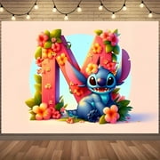 Stitch's Happy Birthday Banner - Vibrant floral letter M design embroidery illustration, birthday party decoration with polyester hanging background, holiday celebration