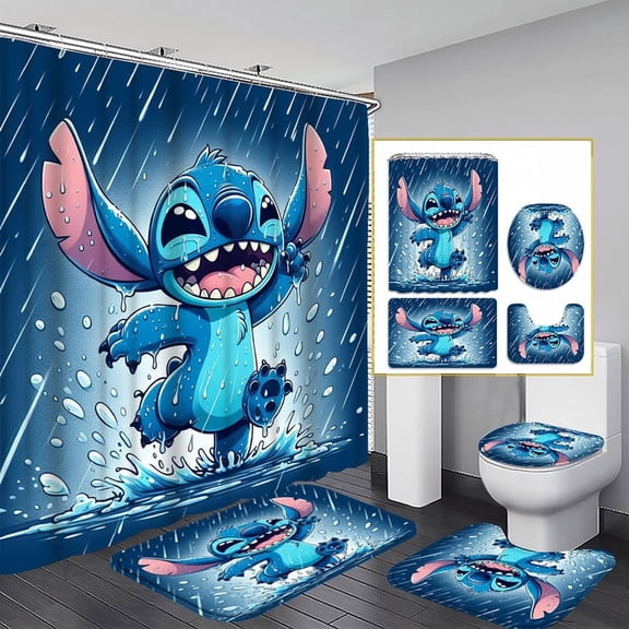 Stitch-themed Bathroom Shower Curtain Set for Rainy Days Includes 72x72-inch shower curtain, U-shaped toilet seat cover, non-slip bath mat, and 12 hooks