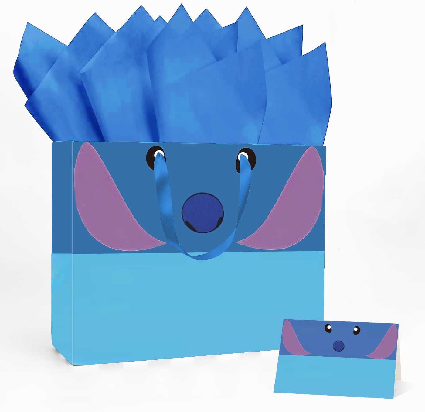 Stitch-Themed Blue Gift Bag Includes Wrapping Paper, Greeting Card Suitable For Birthday Gift, Holiday Gift, Party, Celebration Blessing