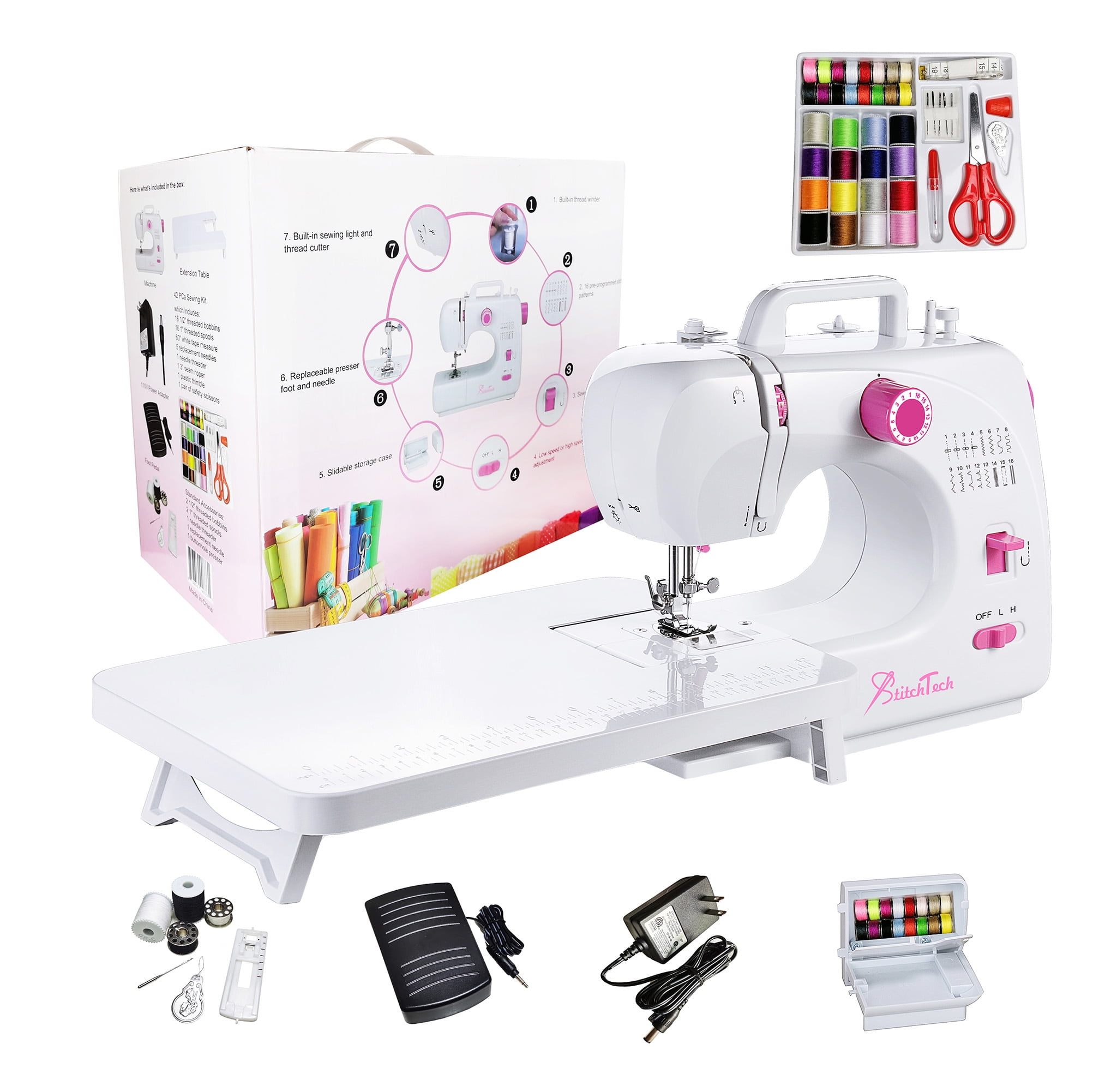 StitchTech Portable Multi-Function Home Sewing Machine 16 Built-in Stitches  Dual Spread Control Reverse Sewing with LED Light Comes with an Extension