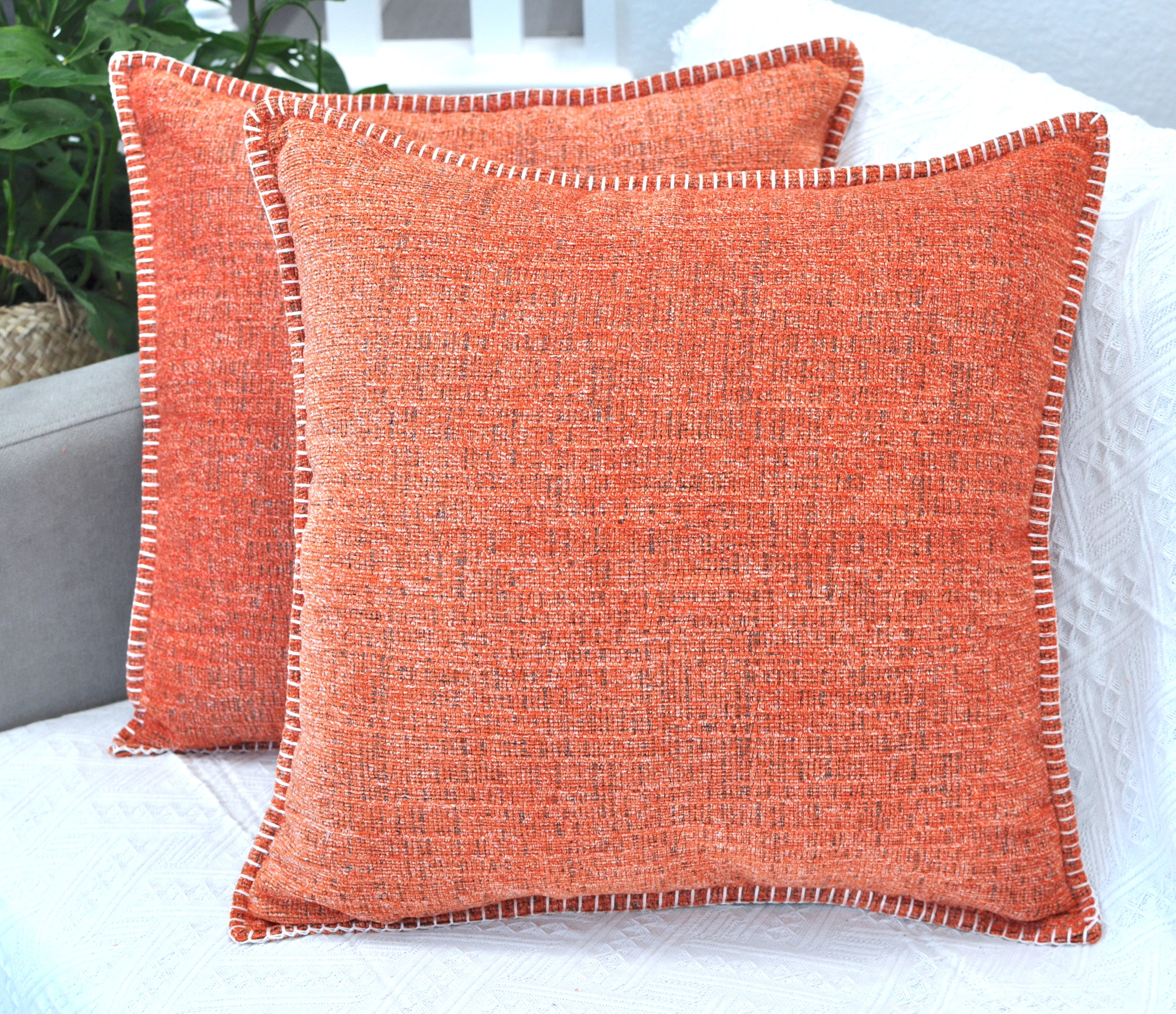 Orange Chenille 26" x 26" Square Throw Pillow Covers Set