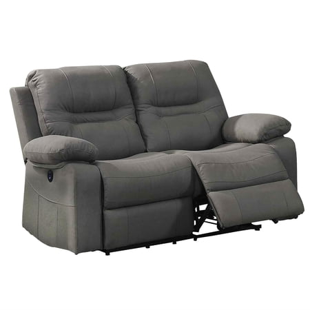 Stitched Leatherette Power Motion Loveseat with Pillow Top Arms, Gray