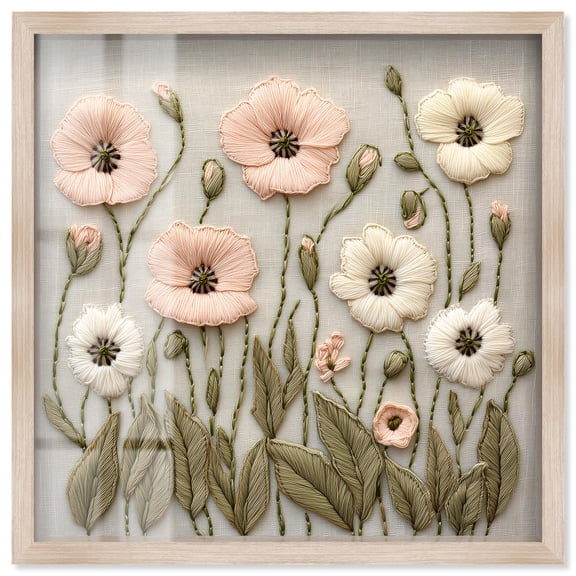 Stitched Serenity I Shadowbox Print Farmhouse Decor by Art Remedy, Blonde Frame, 24 x 24