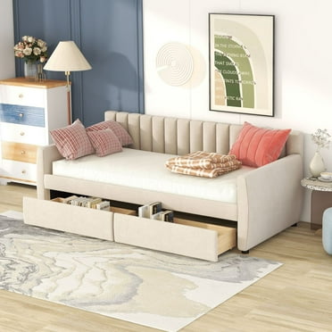 Stitched Upholstered Twin Daybed with Drawers,Beige