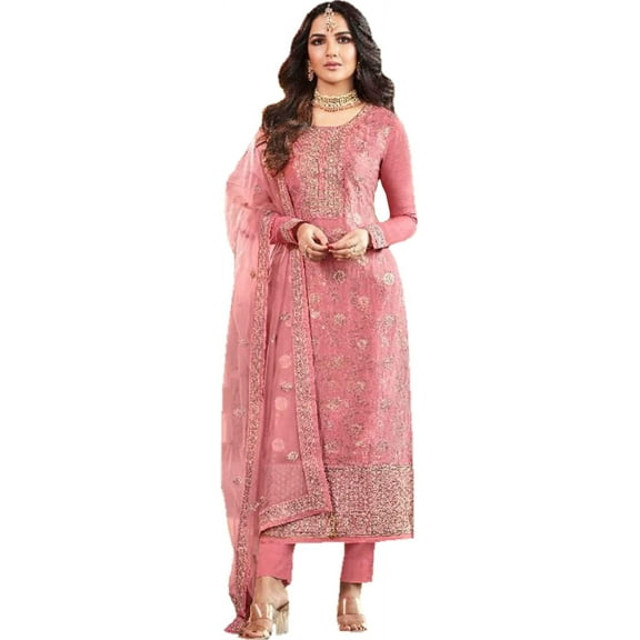 Stitched Women's Wear Indian Pakistani Salwar Kameez Dress Trouser Pant Outfits ( Pink, 3XL - 48 )