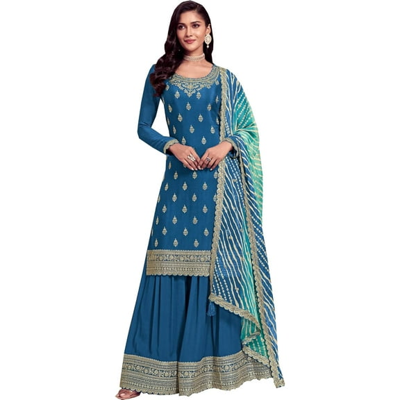 Stitched Women's Wear Indian Salwar Kameez Suits Pakistani Designer Plazo Outfits ( Blue, XL - 44 )
