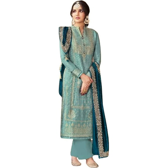 Stitched Women's Wear Pakistani Indian Salwar Kameez Suits Designer Plazzo Dresses ( Sky Blue, L - 42 )