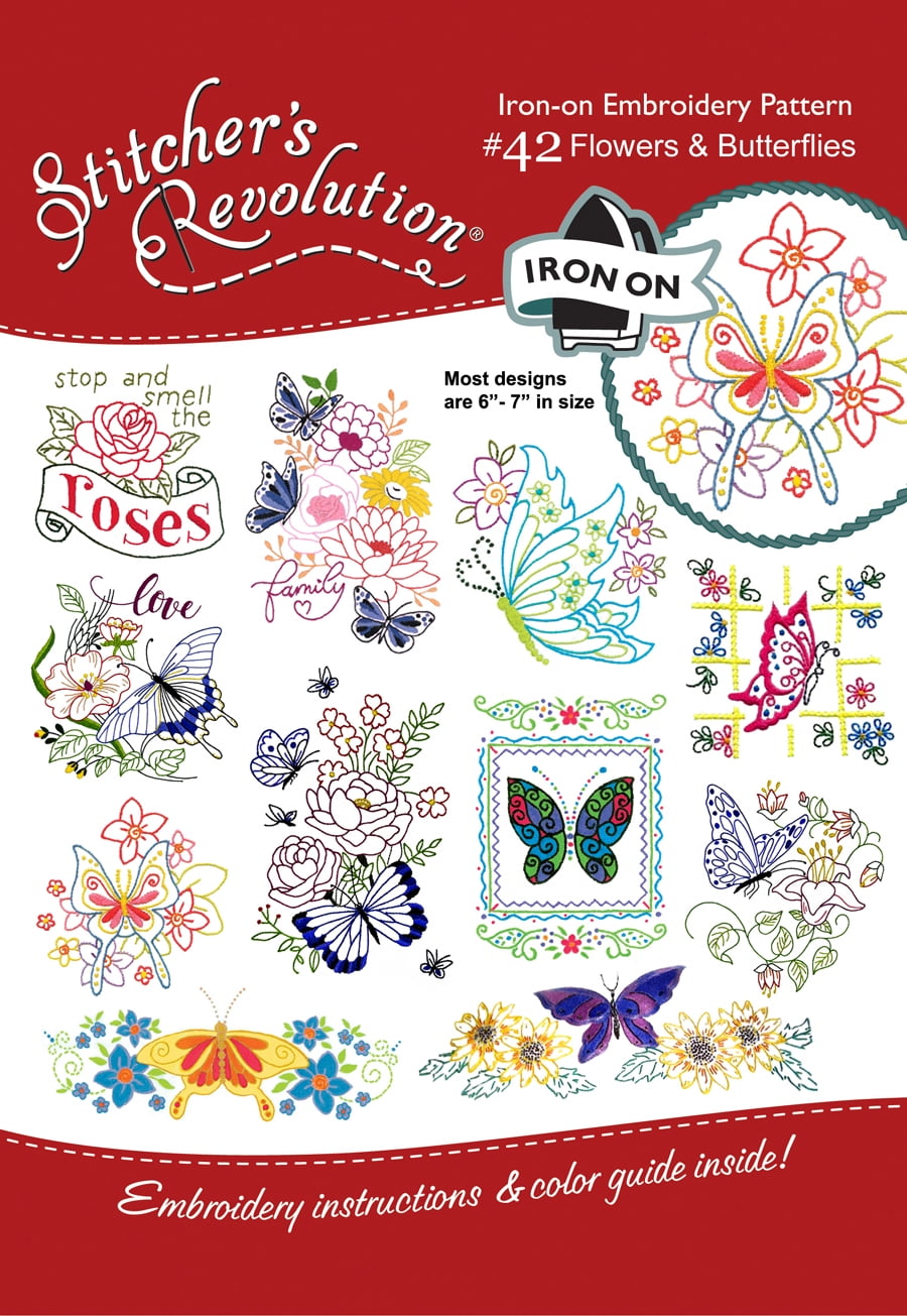 Flowers and Butterflies Iron On Transfer Pattern for Embroidery, 12 Designs