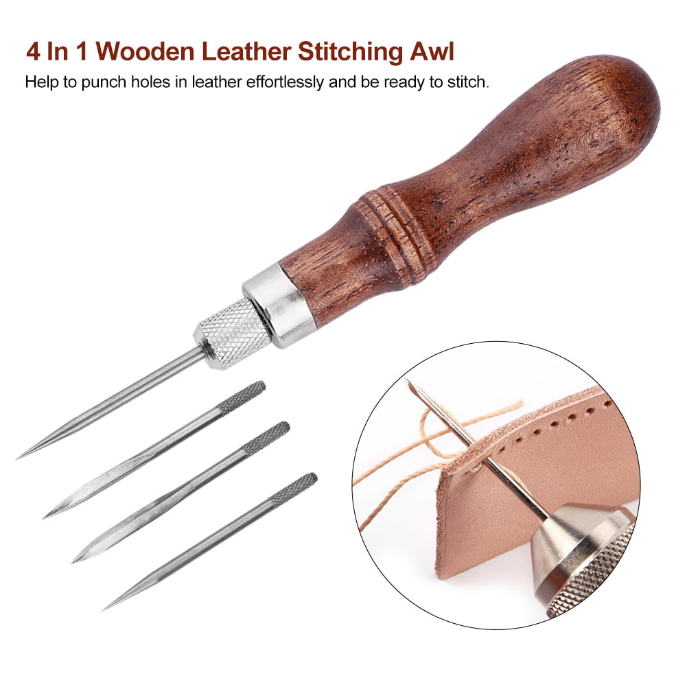 LYUMO Stitching Awl, Leathercraft Sewing Awl,4 In 1 Wooden Handle Leather  Stitching Sewing Awl DIY Leathercraft Hole Punch Tool 