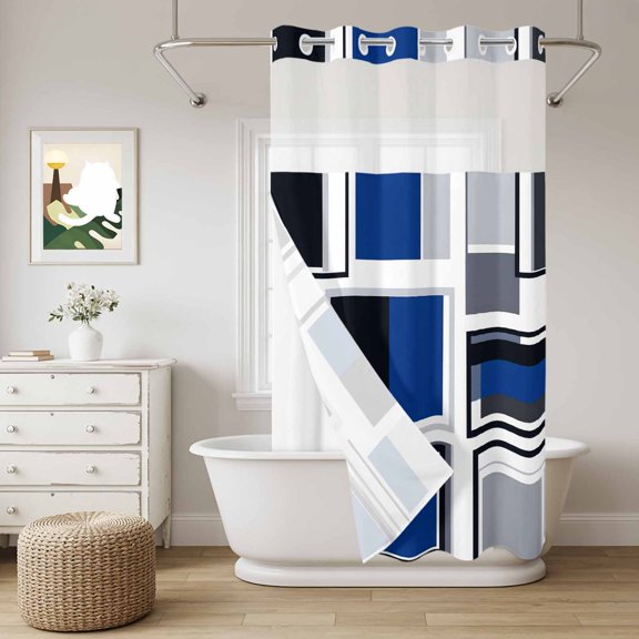 Stitching Blue Gray Black Square No Hook Shower Curtain with Snap in Liner Set,Modern Technological Line Waterproof Fabric Shower Curtains with See Through Top Window for Bathroom,36Wx72L