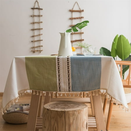 Stitching Tassel Rectangular Tablecloth Heavy Weight Cotton Linen Table Cover for Dining Room Kitchen Home Tabletop Decoration, 55 x 70 Inch, Blue & Green