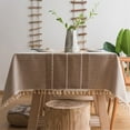 thumbnail image 1 of Stitching Tassel Rectangular Tablecloth Heavy Weight Cotton Linen Table Cover for Dining Room Kitchen Home Tabletop Decoration, 55 x 70 Inch, Beige, 1 of 6